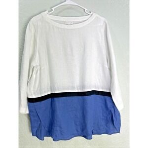 J. Jill Top Womens M White Blue Colorblock Love Linen Tunic Lagenlook Boatneck